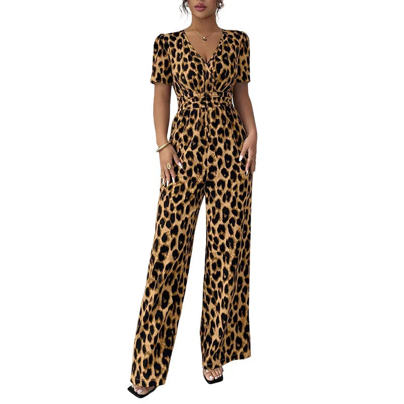 Lara - Leopard Print V-Neck Wide Leg Jumpsuit