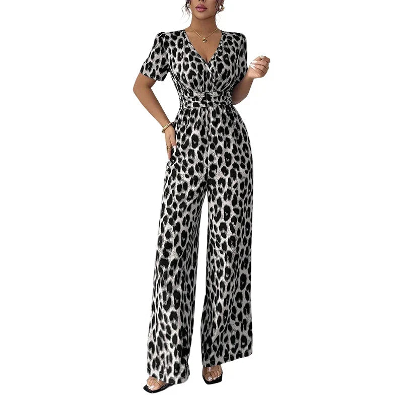 Lara - Leopard Print V-Neck Wide Leg Jumpsuit