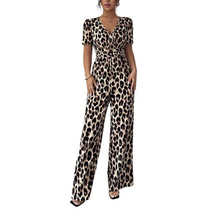 Lara - Leopard Print V-Neck Wide Leg Jumpsuit