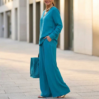 Bianca - Comfortable V-Neck and Wide-Leg Pants Set