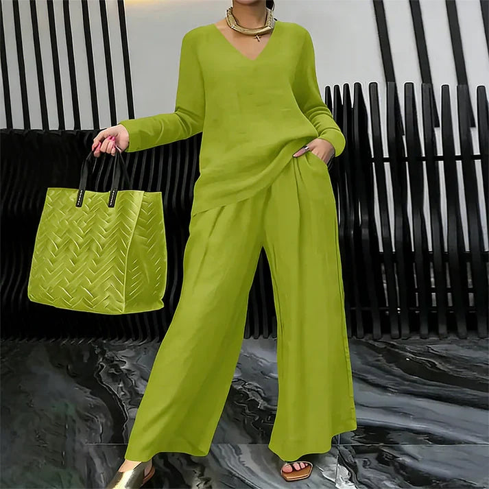 Bianca - Comfortable V-Neck and Wide-Leg Pants Set