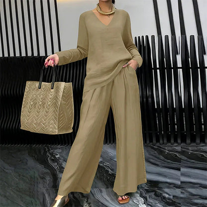 Bianca - Comfortable V-Neck and Wide-Leg Pants Set