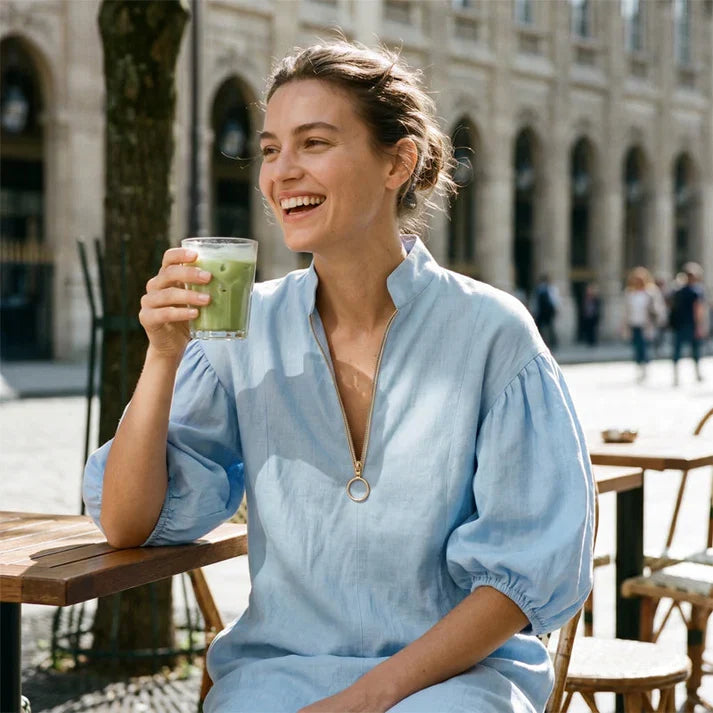 Amaia - Mid-length dress with half-zip and puff sleeves