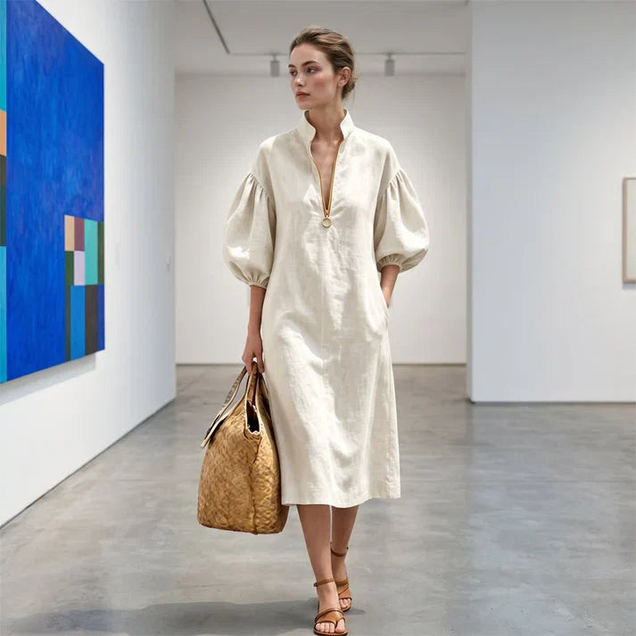 Amaia - Mid-length dress with half-zip and puff sleeves