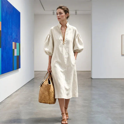 Amaia - Mid-length dress with half-zip and puff sleeves