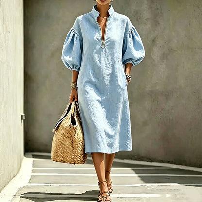 Amaia - Mid-length dress with half-zip and puff sleeves