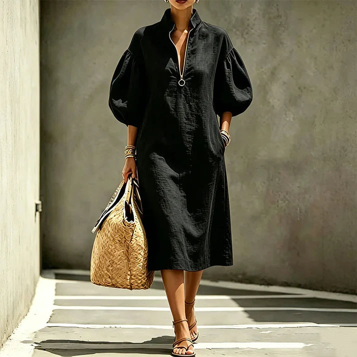 Amaia - Mid-length dress with half-zip and puff sleeves