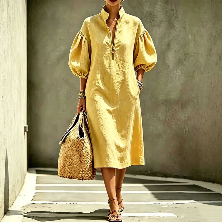 Amaia - Mid-length dress with half-zip and puff sleeves