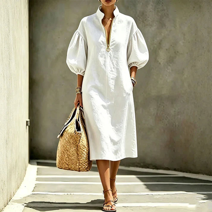 Amaia - Mid-length dress with half-zip and puff sleeves
