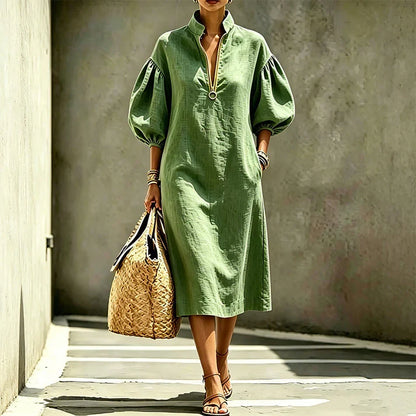 Amaia - Mid-length dress with half-zip and puff sleeves