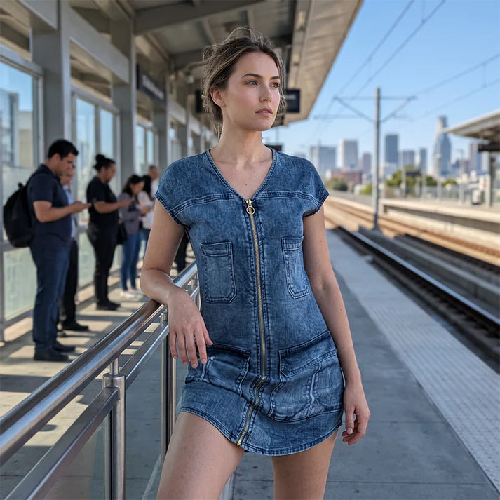 Pilar - Short-sleeved casual dress with zipper